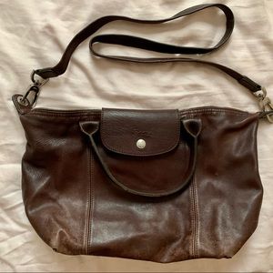 Vintage Longchamp Le Pliage Cuir Crossbody in Chocolate